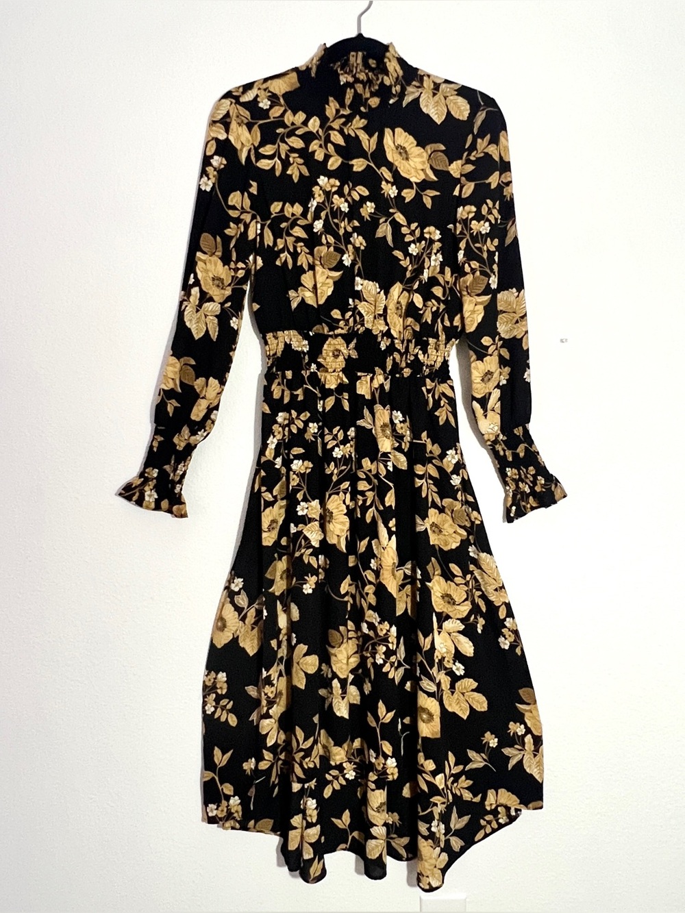 Nanette Lepore Black Gold Floral High Neck Smocked Midi Dress Size 4